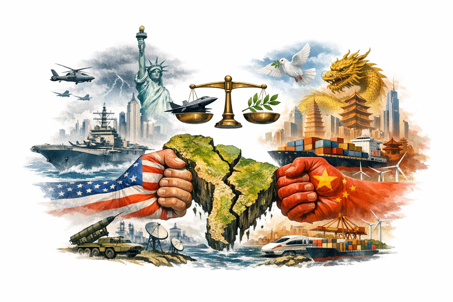 Ilustración conceptual de América Latina dividida entre la influencia de EE. UU. y la expansión económica de China, simbolizando el equilibrio geopolítico y la multipolaridad regional.