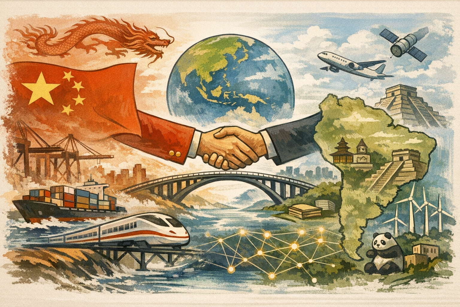 La composición transmite la relación estratégica entre China y América Latina mediante metáforas visuales: un puente con un apretón de manos conecta ambos continentes, mientras barcos, trenes y fábricas simbolizan los tratados comerciales. En contraste, elementos culturales como un dragón chino y una pirámide mesoamericana refuerzan el impacto del soft power.