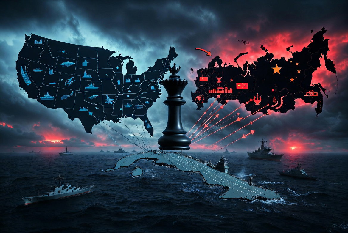 Ilustración simbólica de la relevancia geoestratégica de Cuba en la realpolitik. La isla aparece como un portaaviones en el Caribe, con un gran rey negro de ajedrez en su centro. A la izquierda, Estados Unidos proyecta influencia militar con tonos azules; a la derecha, Rusia y China ejercen presión con líneas rojas de interés. Buques de guerra rodean la isla bajo un cielo tormentoso, representando la competencia entre grandes potencias.
