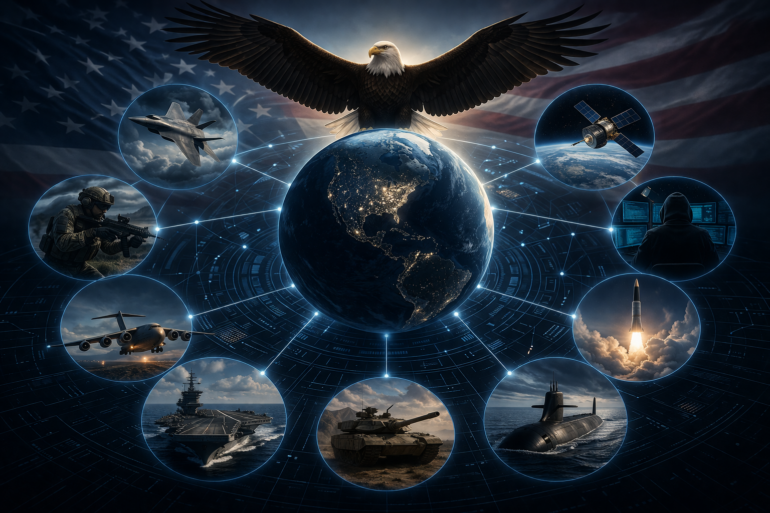 Ilustración conceptual del poder militar global: un águila sobre la Tierra conectada por redes digitales, rodeada de fuerzas aéreas, navales, terrestres, espaciales y cibernéticas en un entorno tecnológico.