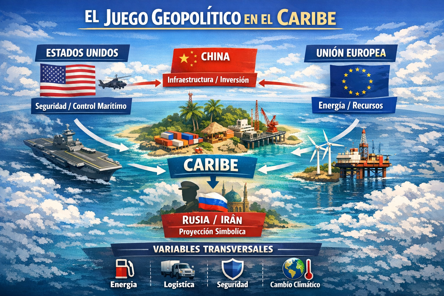 Infografía geopolítica del Caribe: muestra conexiones entre Estados Unidos, China, Unión Europea y Rusia/Irán, destacando energía, logística, seguridad y cambio climático como variables transversales.
