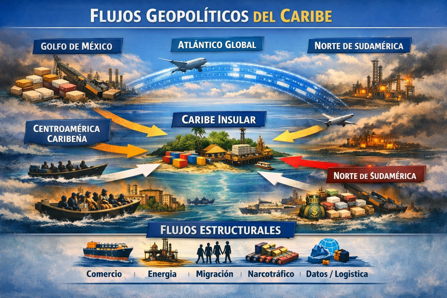 Infografía geoestratégica del Caribe y Golfo de México: muestra conexiones entre regiones y flujos de comercio, energía, migración, narcotráfico y datos que estructuran el Atlántico global.