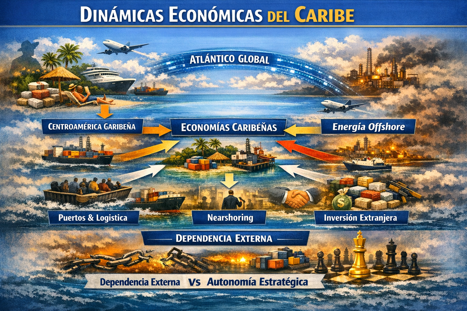 Infografía económica del Caribe: muestra la transición de economías dependientes del turismo hacia energía offshore, puertos, nearshoring e inversión extranjera, entre dependencia y autonomía estratégica.