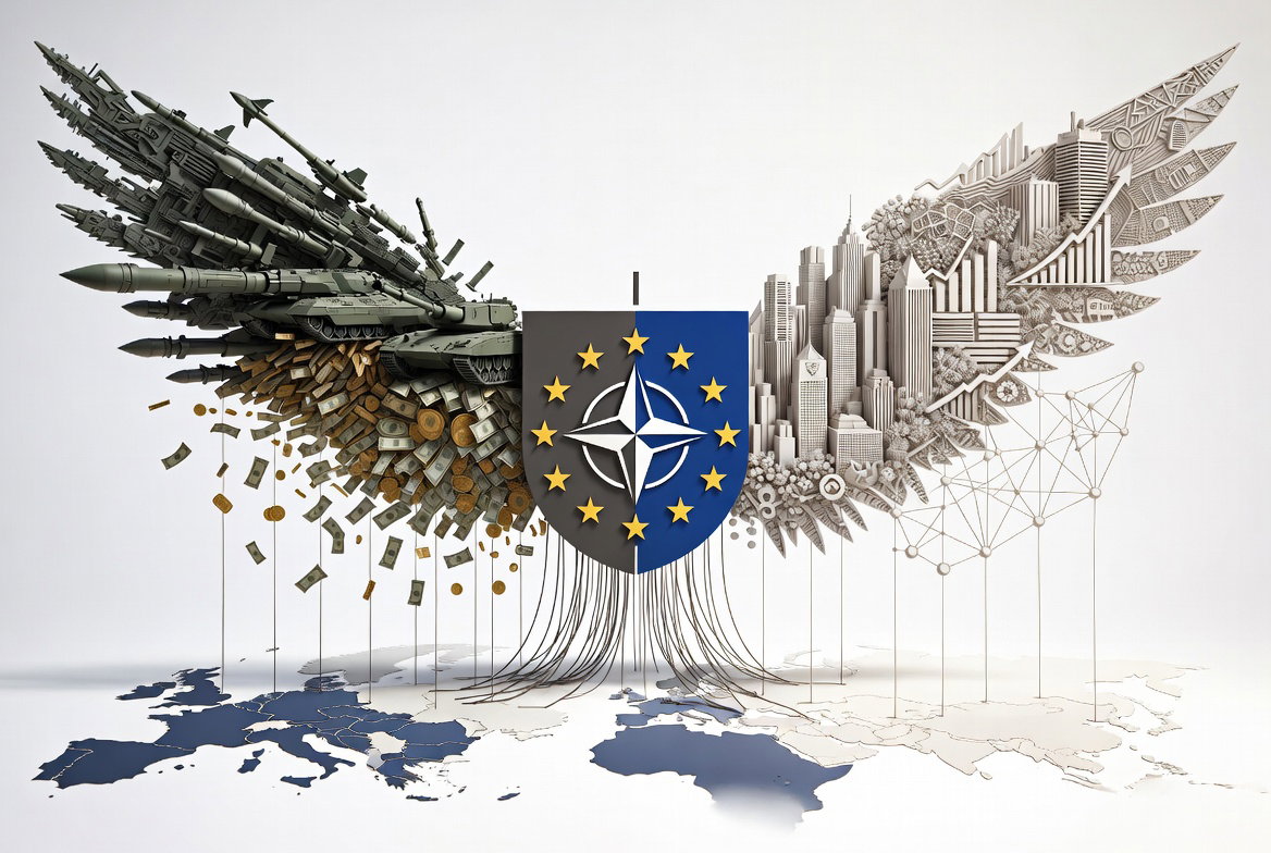 Ilustración conceptual minimalista: escudo fusionado de la OTAN y la UE con dos alas asimétricas. Ala izquierda formada por armamento militar y monedas cayendo; ala derecha por edificios económicos y redes. Hilos de influencia descienden hacia siluetas de mapas regionales sobre fondo blanco.