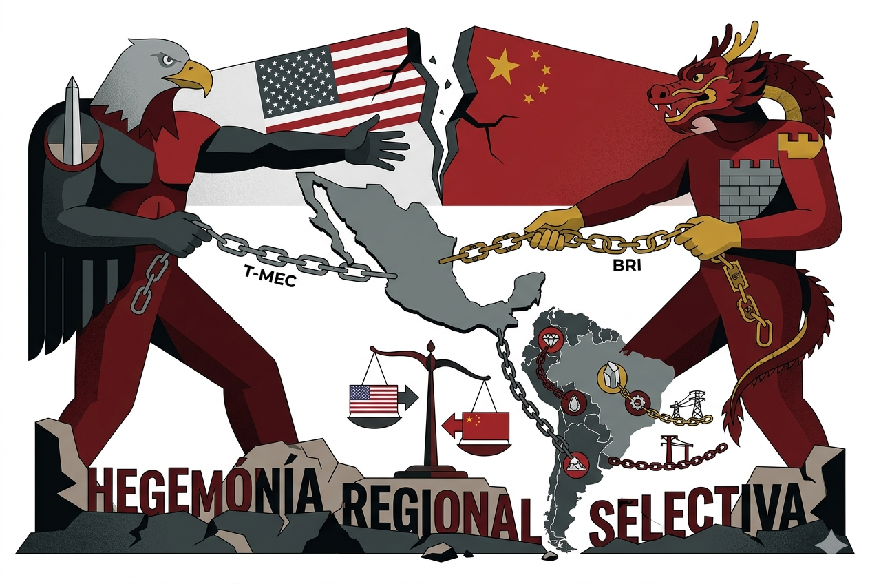 Ilustración conceptual: Águila (EE. UU.) y Dragón (China) forcejean por el control de México y sus recursos estratégicos (litio) mediante cadenas que simbolizan el T-MEC y la Ruta de la Seda (BRI).