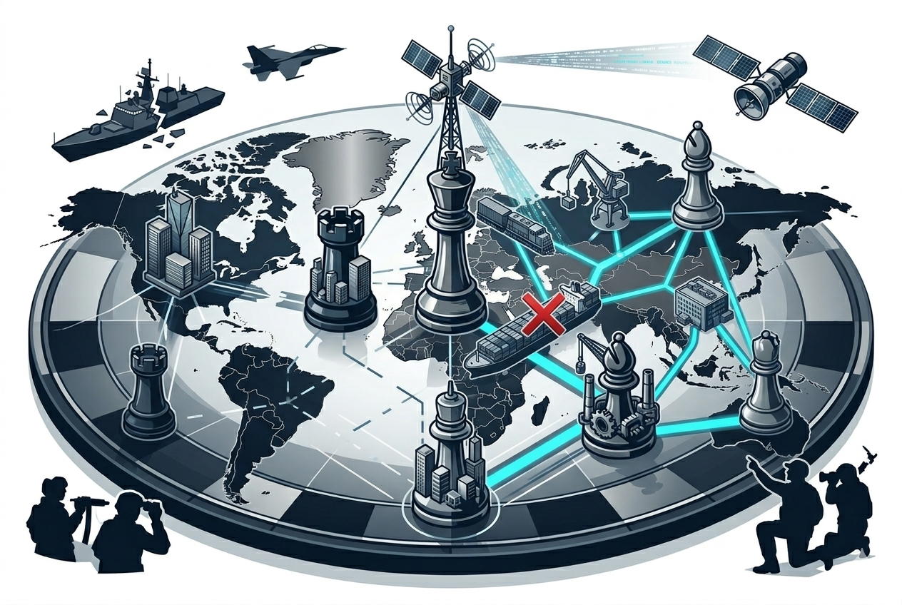 Ilustración vectorial geopolítica: un mapa mundial sobre un tablero de ajedrez muestra el Mar Rojo bloqueado por una "X" roja, mientras rutas digitales conectan el Corredor Medio a través de Eurasia.