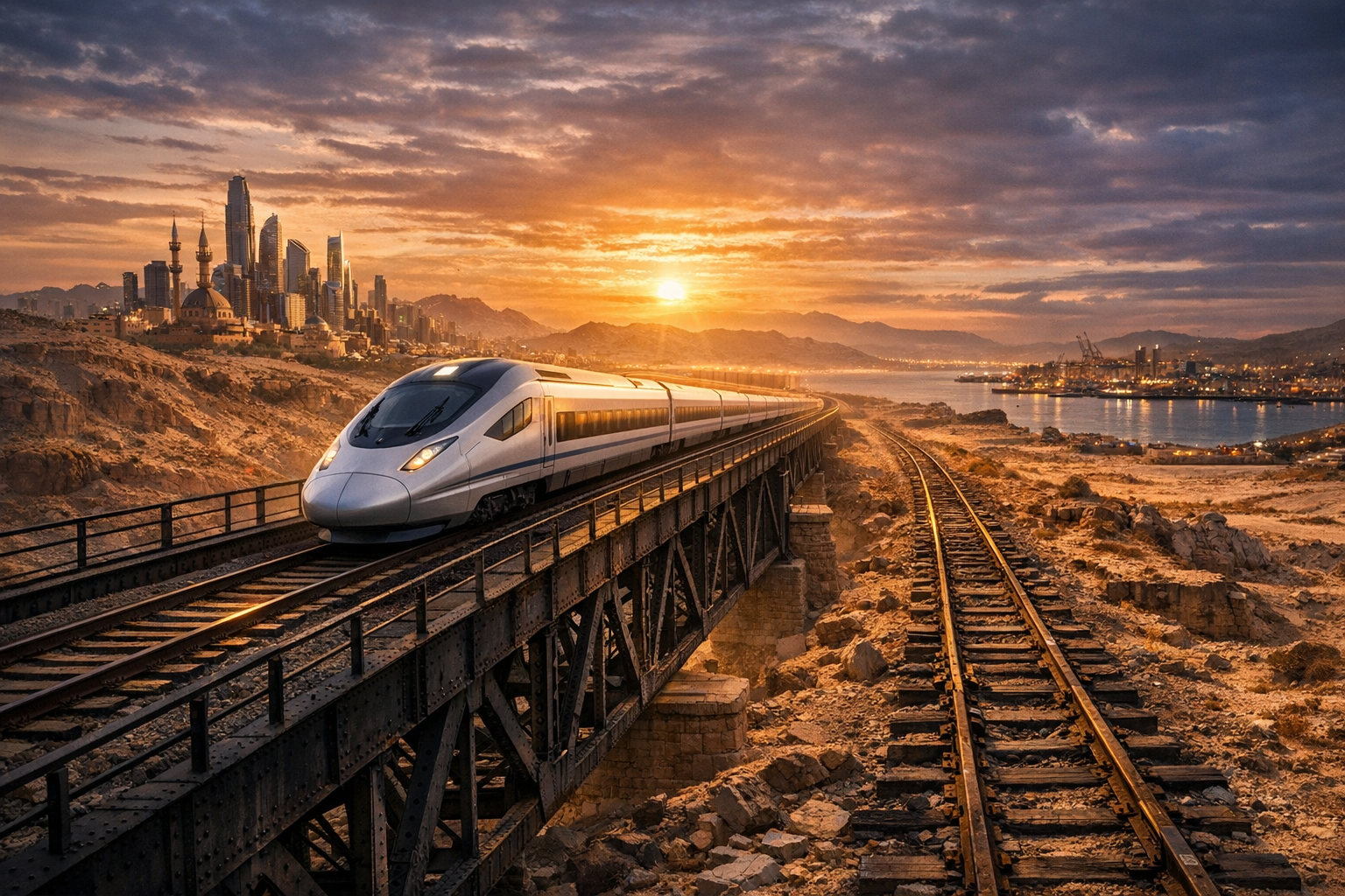 Tren moderno cruza puente de acero restaurado en el desierto sirio al atardecer, junto a las antiguas vías del Hiyaz, con Amán futurista y puerto turco brillando bajo el cielo crepuscular.