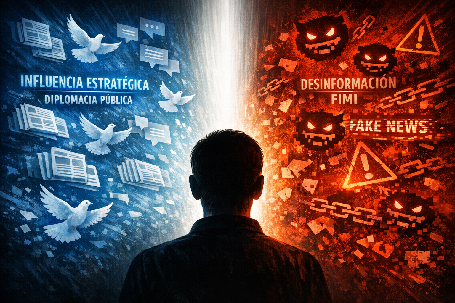 Silueta de ciudadano entre dos torrentes opuestos: luz azul de diplomacia e influencia estratégica y luz roja de desinformación y FIMI, en claroscuro geopolítico dramático.