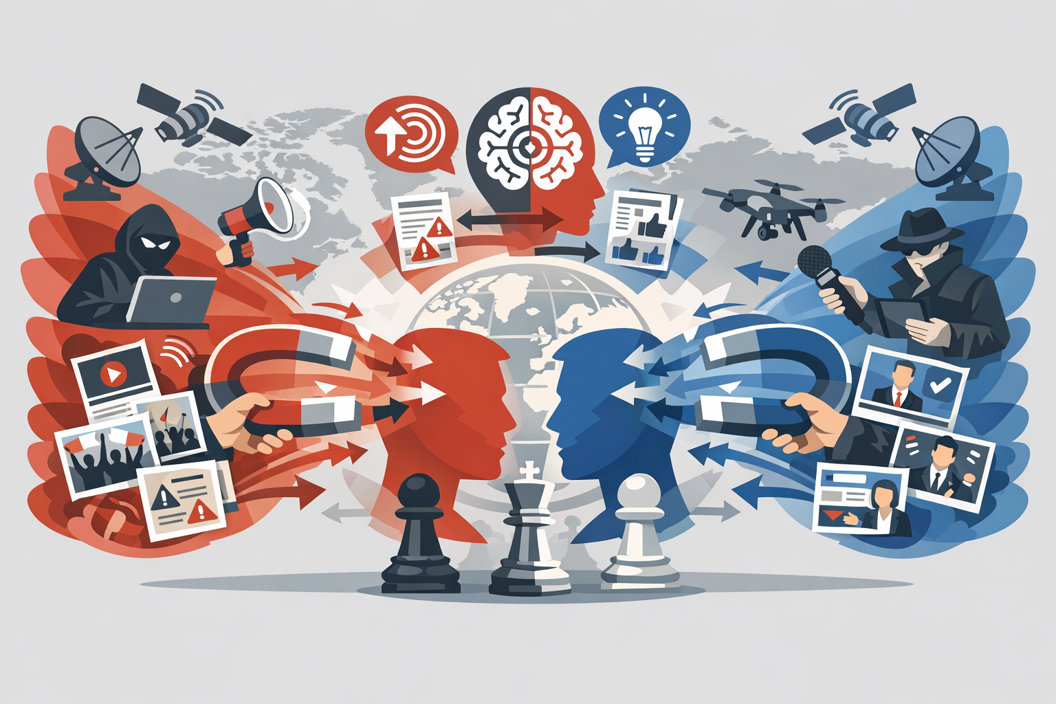 Ilustración vectorial del campo cognitivo global como continuum: Estados compiten por moldear percepciones con métodos análogos, diferenciados solo por etiquetas de poder.