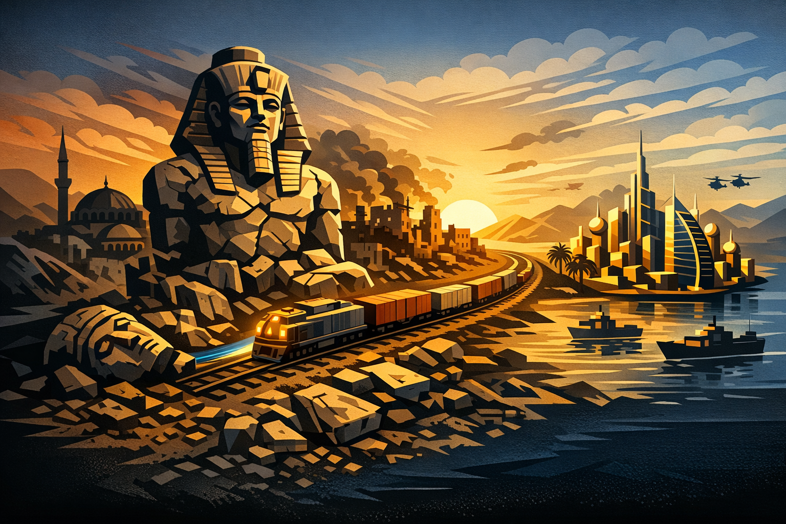 Estatua colosal de Ozymandias entre ruinas y tren moderno que conecta Turquía, Siria y Jordania; simboliza el poder efímero frente al renacimiento geoeconómico del Levante.