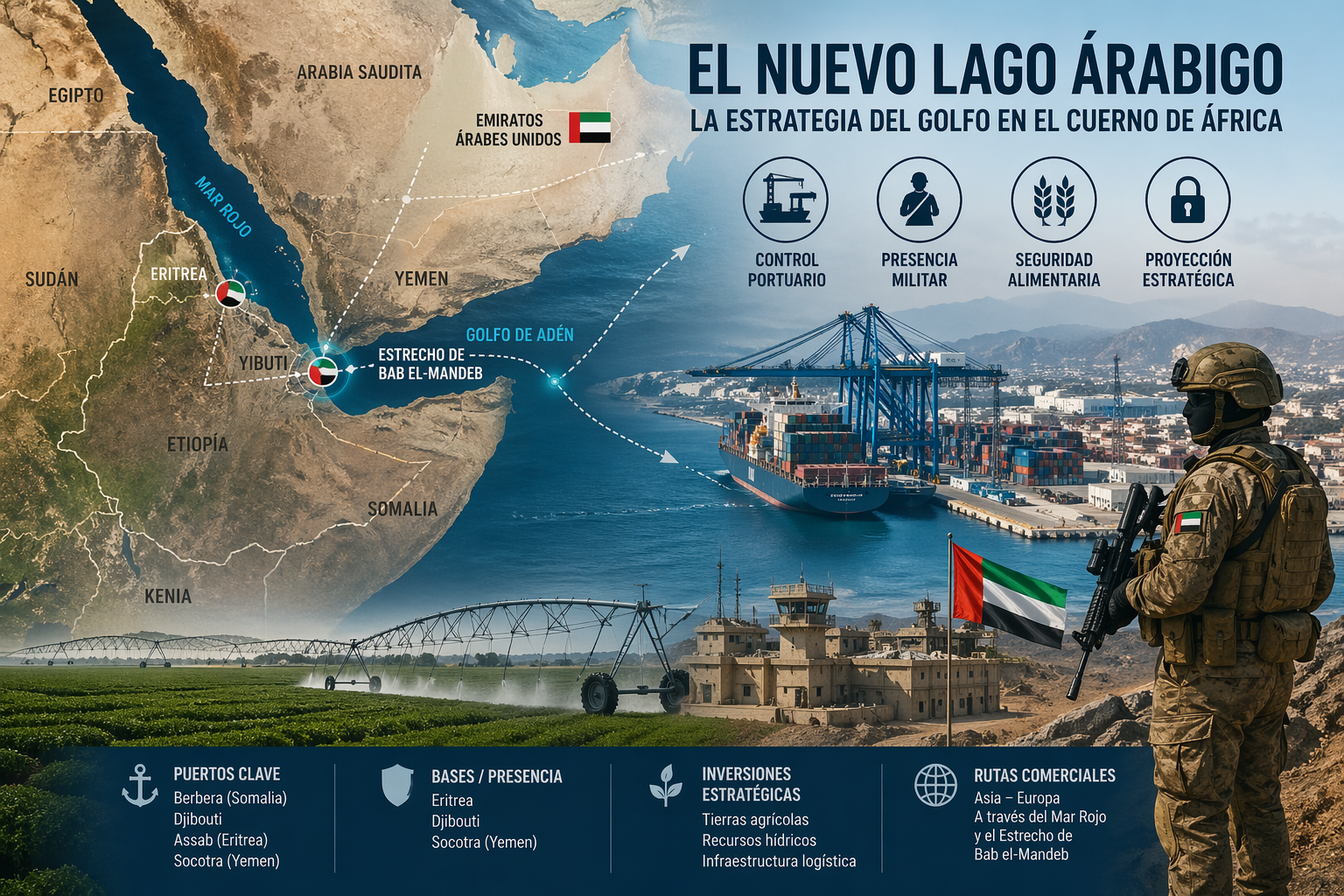 Mapa geopolítico del Mar Rojo y Cuerno de África con rutas comerciales, puertos estratégicos, bases militares y presencia del Golfo, ilustrando control logístico, seguridad y expansión regional.