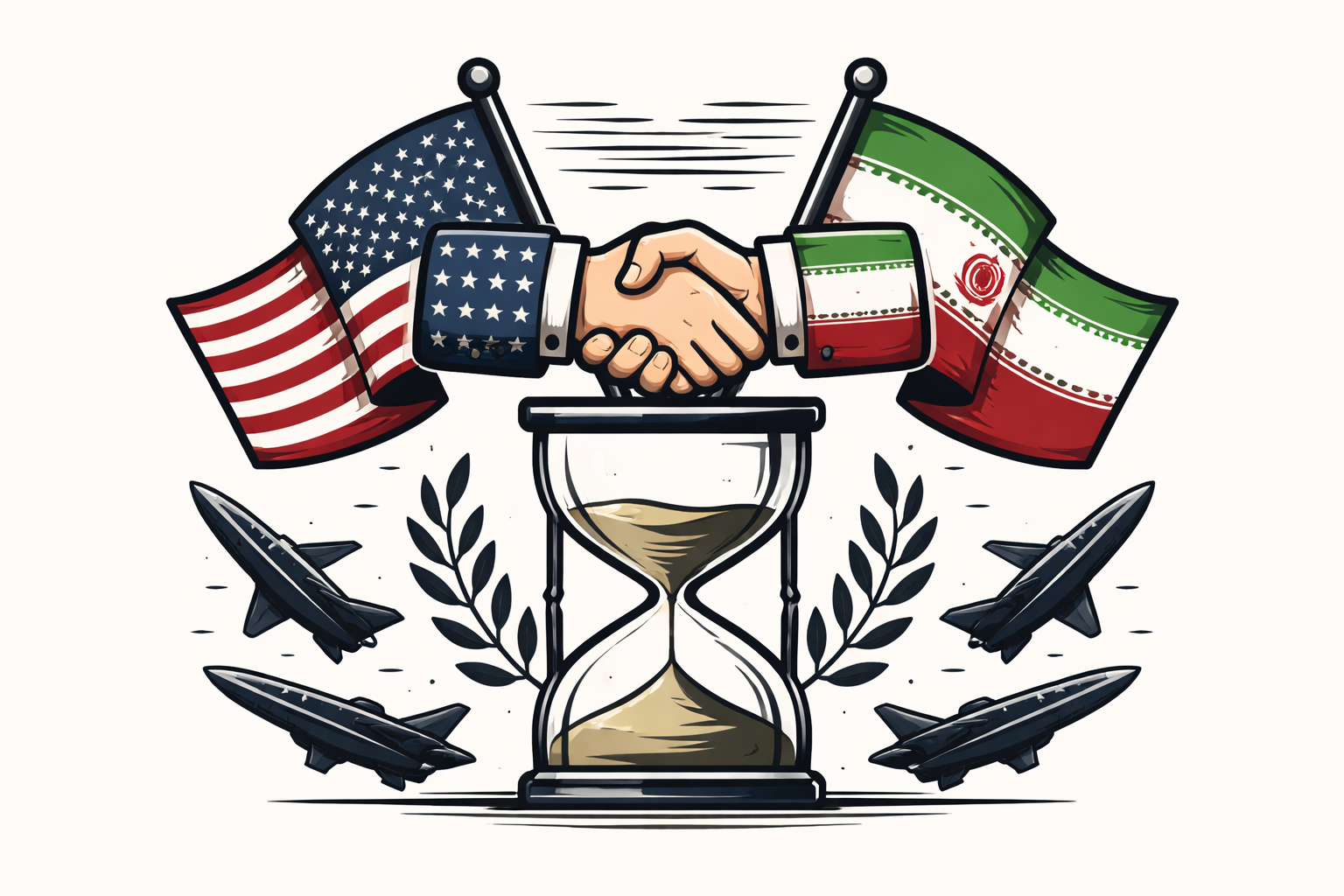 Manos con banderas de EE.UU. e Irán se estrechan sobre un reloj de arena, flanqueadas por misiles, simbolizando una tregua frágil y temporal en un contexto de tensión.