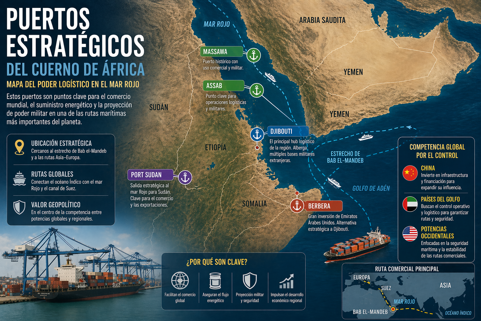 Mapa geopolítico del Cuerno de África con puertos estratégicos como Djibouti, Berbera y Assab, rutas marítimas y actores globales, destacando su papel en el comercio y la competencia por el Mar Rojo.