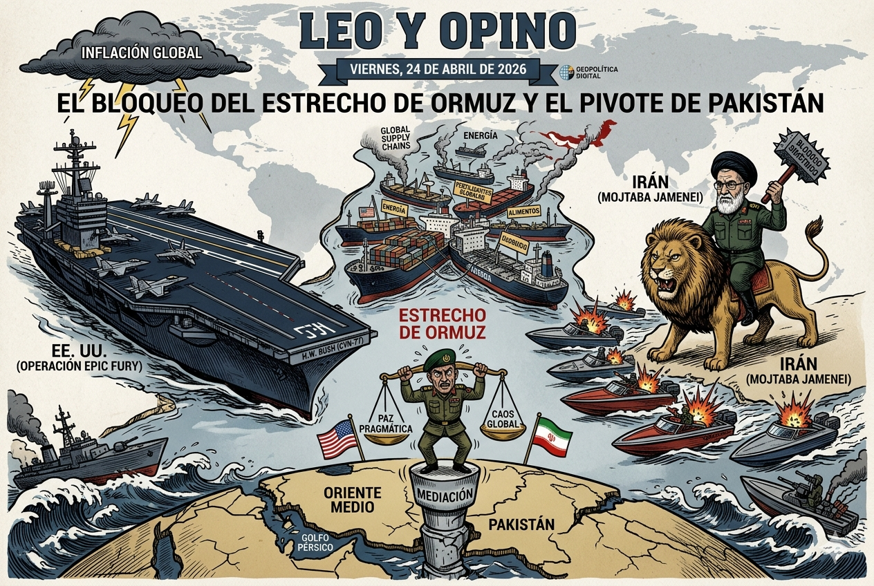 Un portaaviones de EEUU en conflicto con Irán en el estrecho de Ormuz, con Pakistán como mediador balanceando "Paz Pragmática" y "Caos Global" ante la inflación.