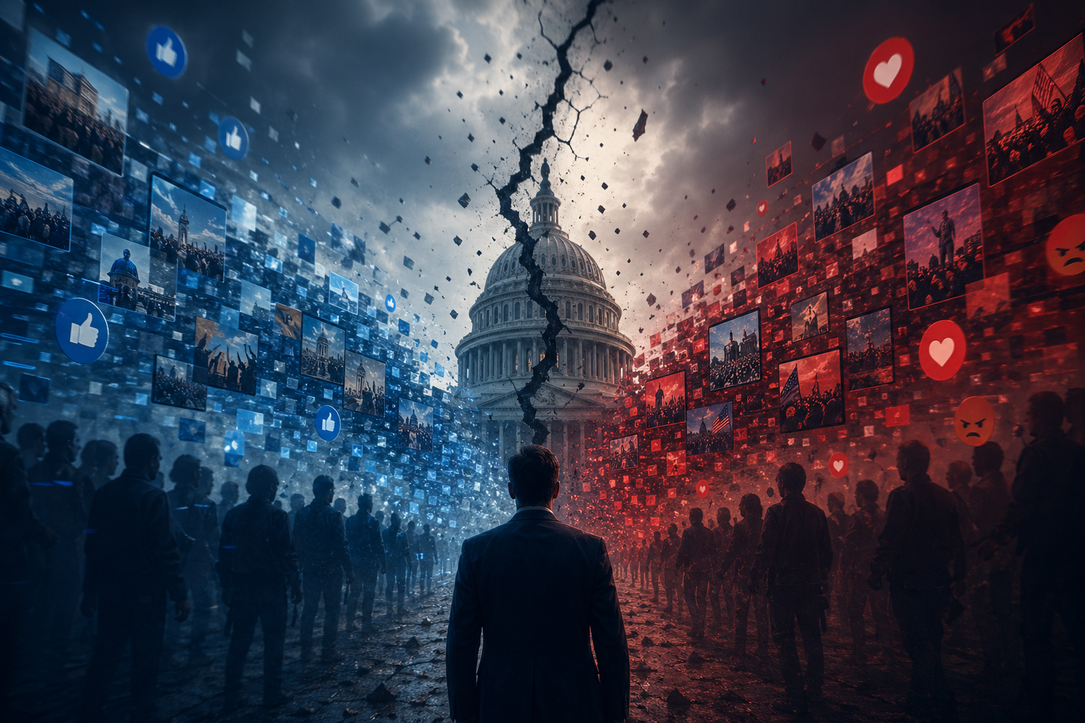 Capitolio dividido por una grieta central, rodeado de multitudes enfrentadas en tonos azul y rojo, mientras flujos de imágenes y símbolos digitales reflejan polarización, caos informativo y fractura social.