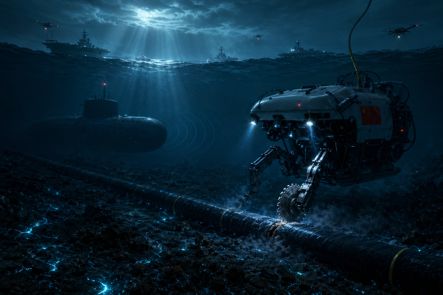 Fondo marino oscuro iluminado por bioluminiscencia azul; un cable submarino yace en primer plano mientras un ROV con sierra circular se acerca, y un submarino proyecta ondas de sonar; buques y drones arriba.