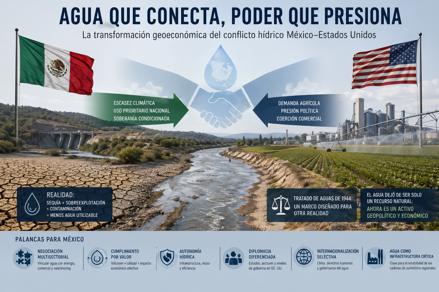 Ilustración geopolítica del conflicto hídrico México–EE.UU.: río seco divide ambos países, contraste agrícola e industrial, símbolos de presión económica, sequía y transformación del agua en activo estratégico.