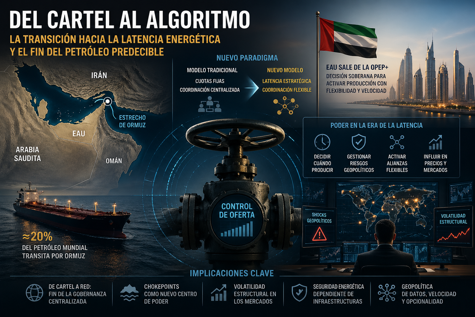 Infografía geopolítica: mapa del Golfo Pérsico, Estrecho de Ormuz y EAU, con petróleo, mercados y control de oferta. Ilustra el paso de la OPEP a un modelo flexible con volatilidad y decisiones estratégicas.