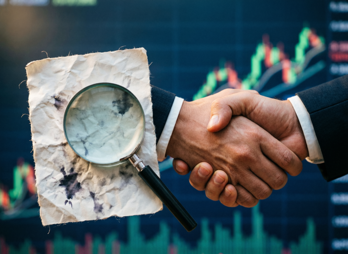 Apretón de manos, lupa de análisis y gráficos financieros. Concepto de negociación, investigación y economía global.