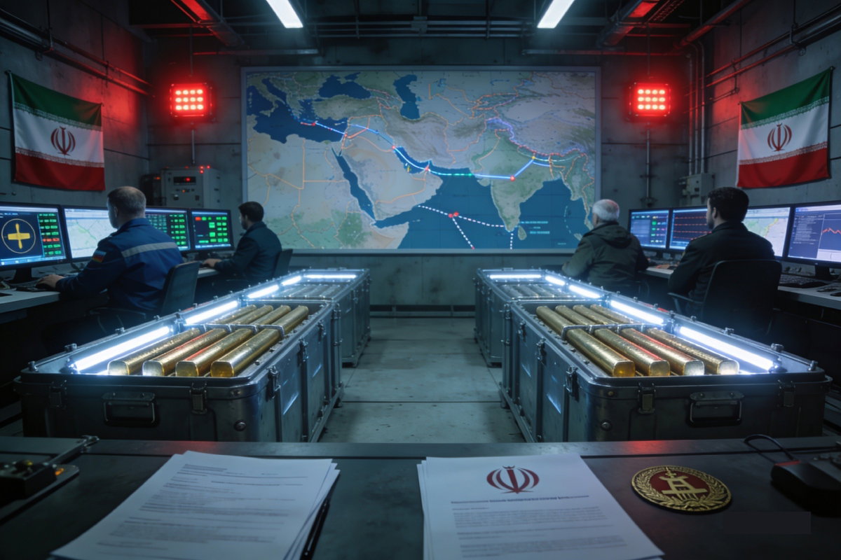 Vista interior de un centro de control estratégico y seguridad. En primer plano, contenedores metálicos con barras de material nuclear iluminadas. Operadores trabajan frente a pantallas y mapas regionales, con banderas de Irán y emblemas oficiales visibles, representando gestión, monitoreo y alianza geopolítica.