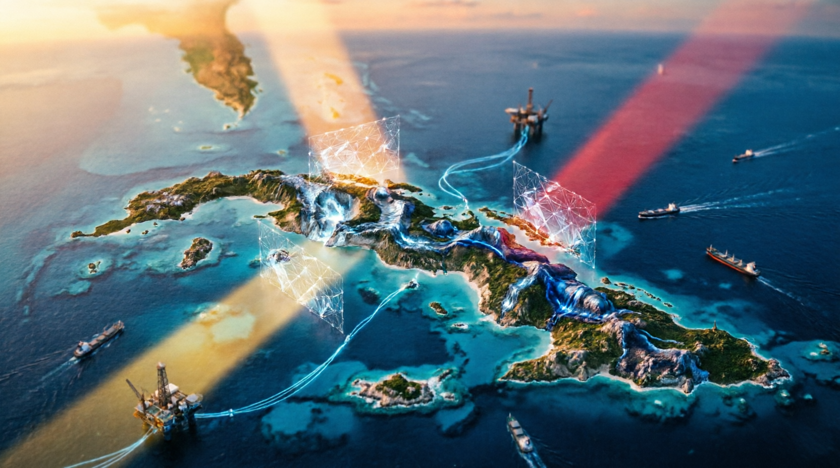 Vista aérea de Cuba con venas brillantes de níquel y cobalto. Luces convergen desde múltiples direcciones. Plataformas y buques. Competencia geopolítica por recursos críticos.
