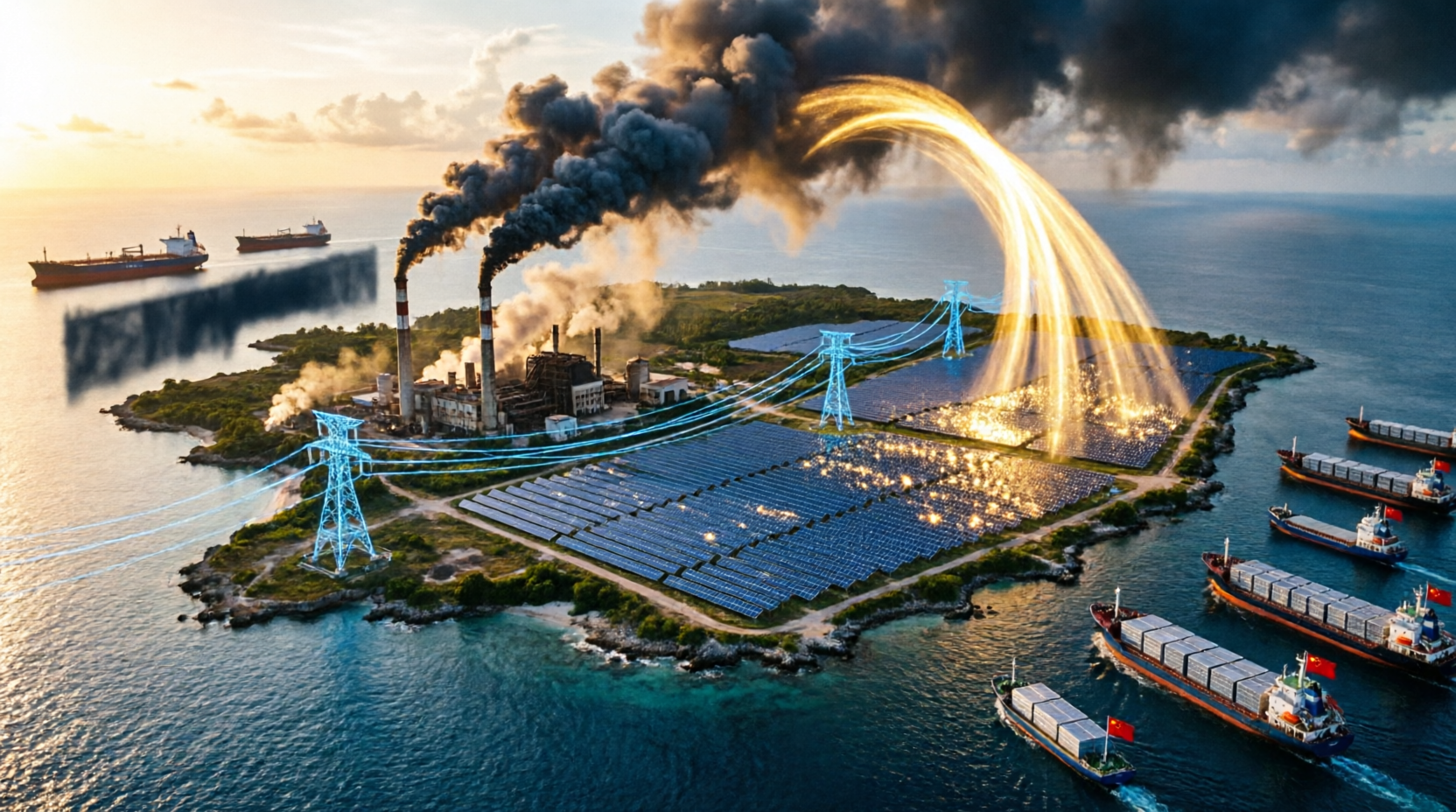 Isla cubana: petroleros bloqueados y humo industrial vs paneles solares brillantes con buques chinos. Transición energética forzada por sanciones.