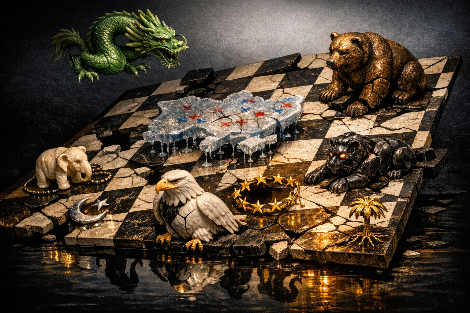 Tablero de ajedrez geopolítico inclinado y agrietado con figuras simbólicas: águila, dragón, oso, león, corona de estrellas, elefante, media luna y palmera bajo luz teatral desigual.
