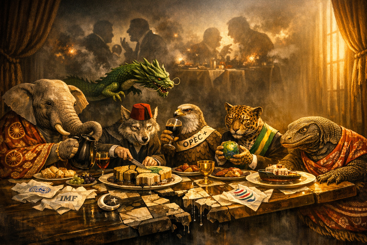 Banquete geopolítico con cinco animales simbólicos —elefante, lobo, halcón, jaguar y dragón— que comparten festín bajo luz dorada, mientras gigantes borrosos discuten en la penumbra del fondo.