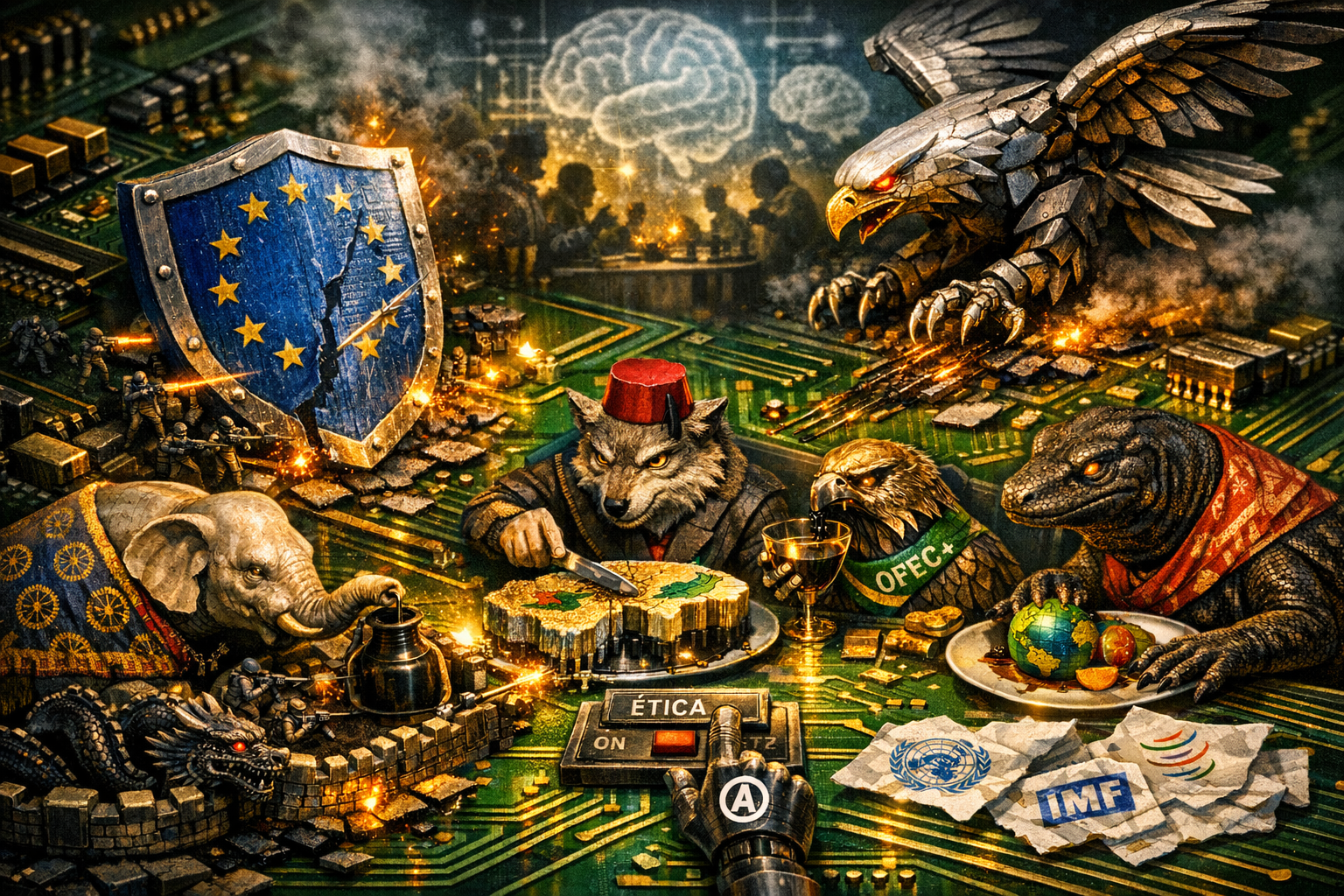 Campo de batalla tecnológico sobre placa verde: escudo de la UE tallado, águila metálica, muralla china con dragón y mano de Anthropic ante interruptor “ÉTICA”, entre destellos verdes y dorados.