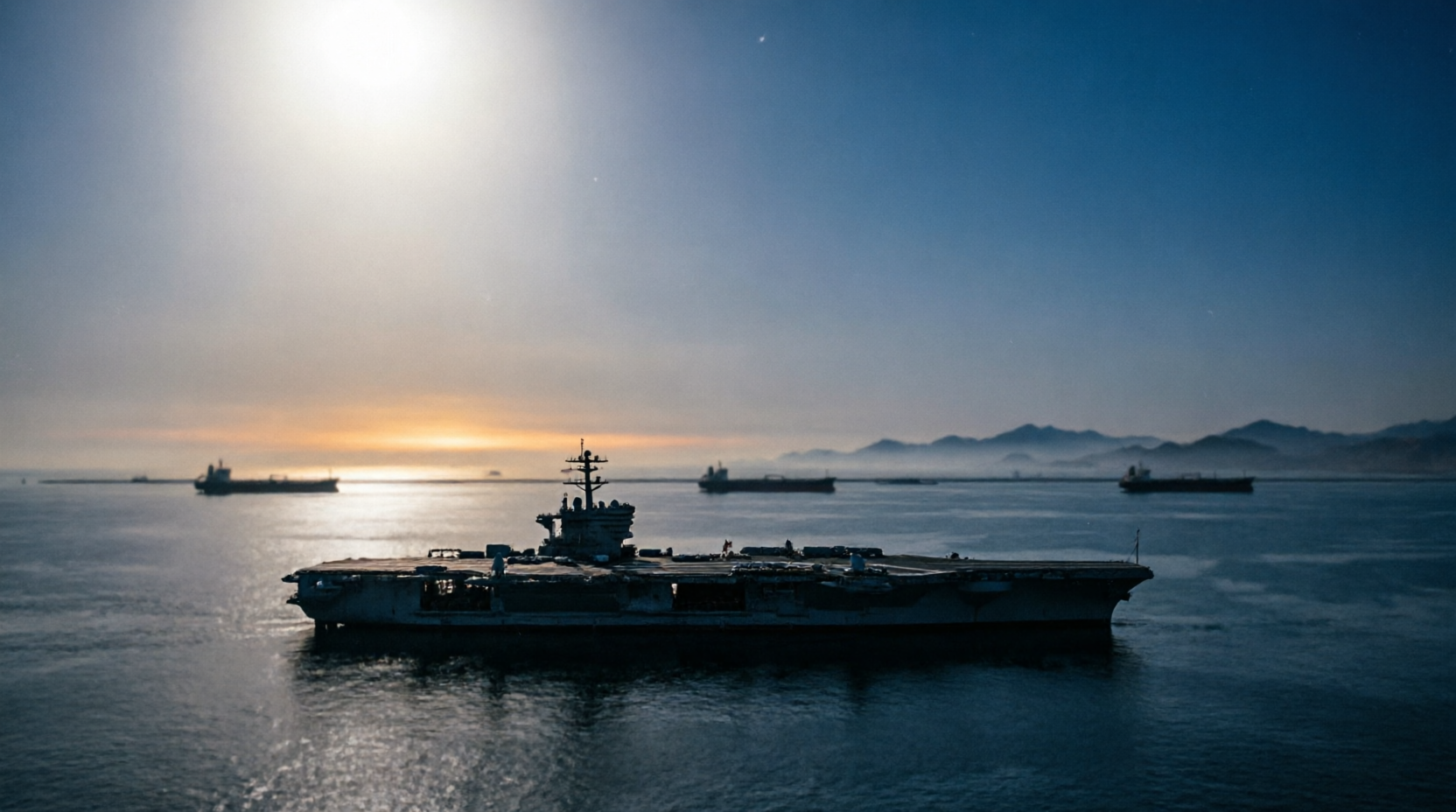 Silueta del portaaviones USS Gerald R. Ford al atardecer con tanqueros en el horizonte. Simboliza la tensión en el estrecho de Ormuz y el bloqueo petrolero.