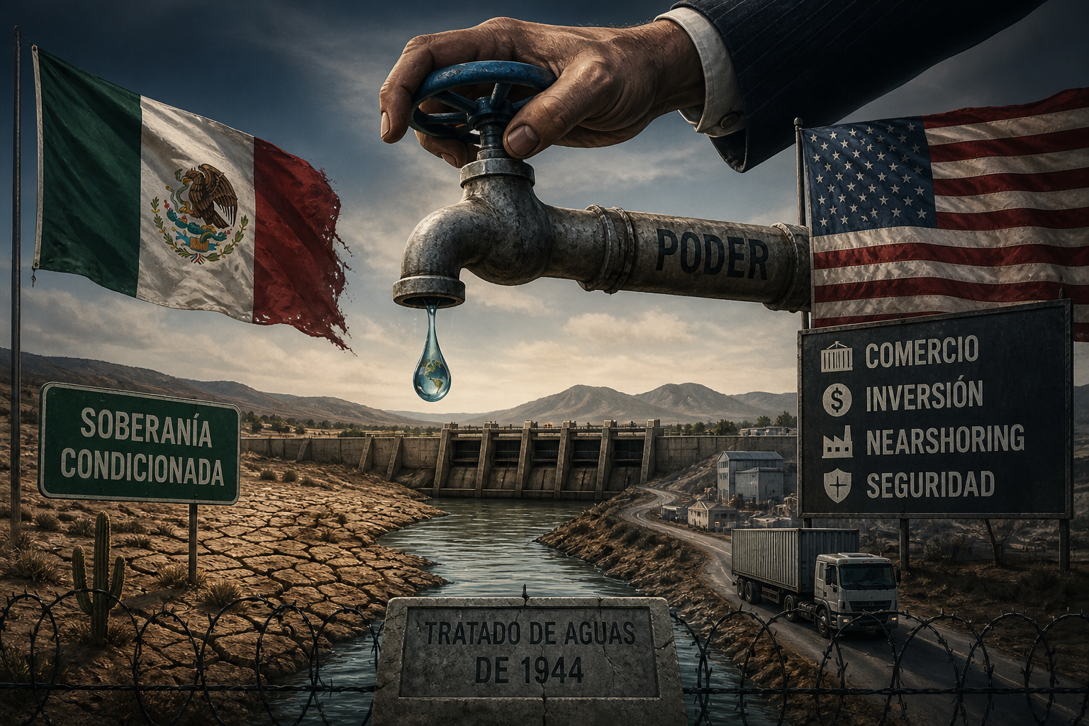 Mano girando válvula sobre río seco en frontera México-EE.UU.; una gota cae mientras símbolos de comercio y poder rodean la escena, reflejando tensión hídrica, soberanía condicionada y presión geoeconómica.