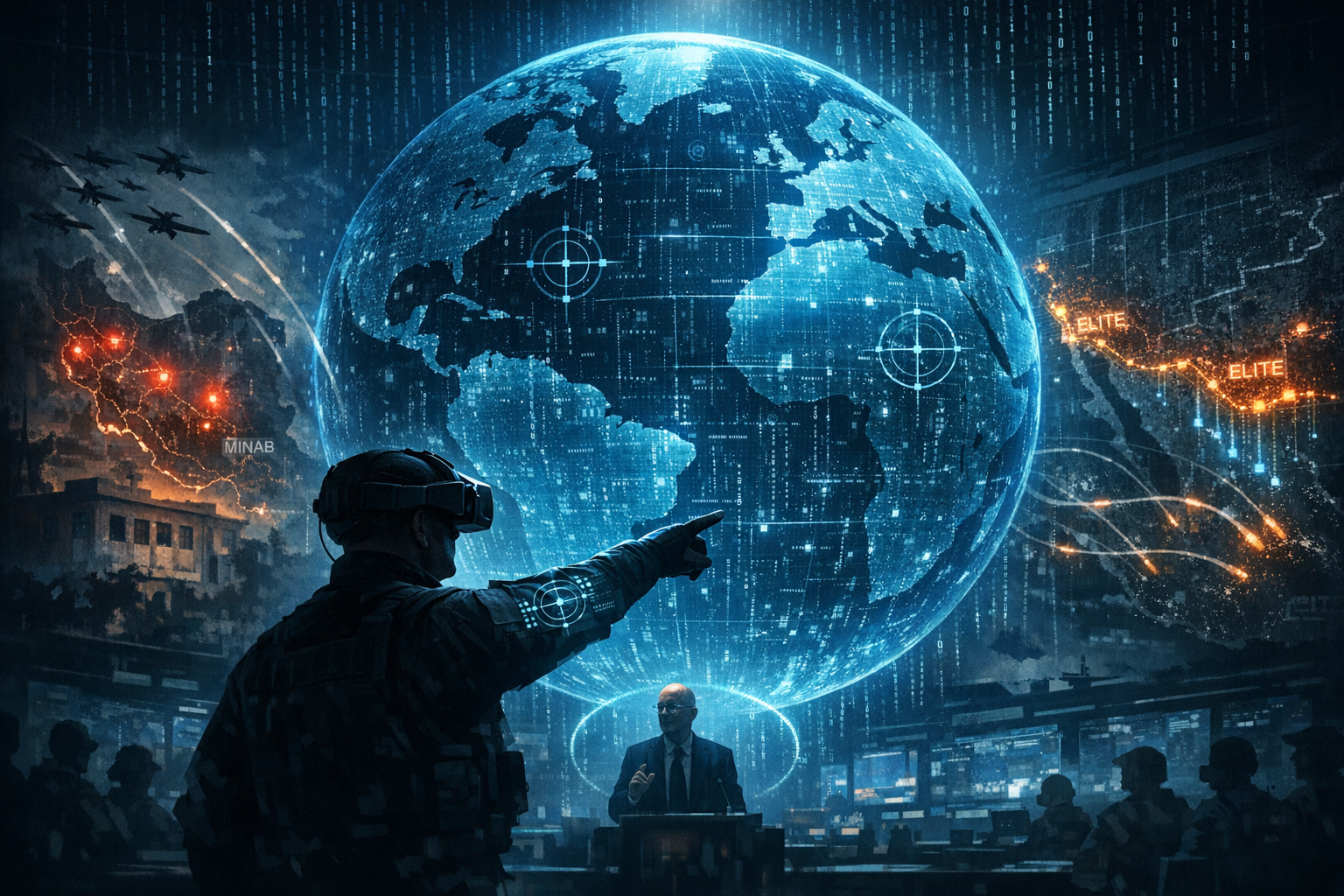 Globo azul neón flota sobre sala de guerra; comandante con visor VR apunta a datos holográficos; mapas de Irán y frontera EEUU–México revelan vigilancia global potenciada por IA.