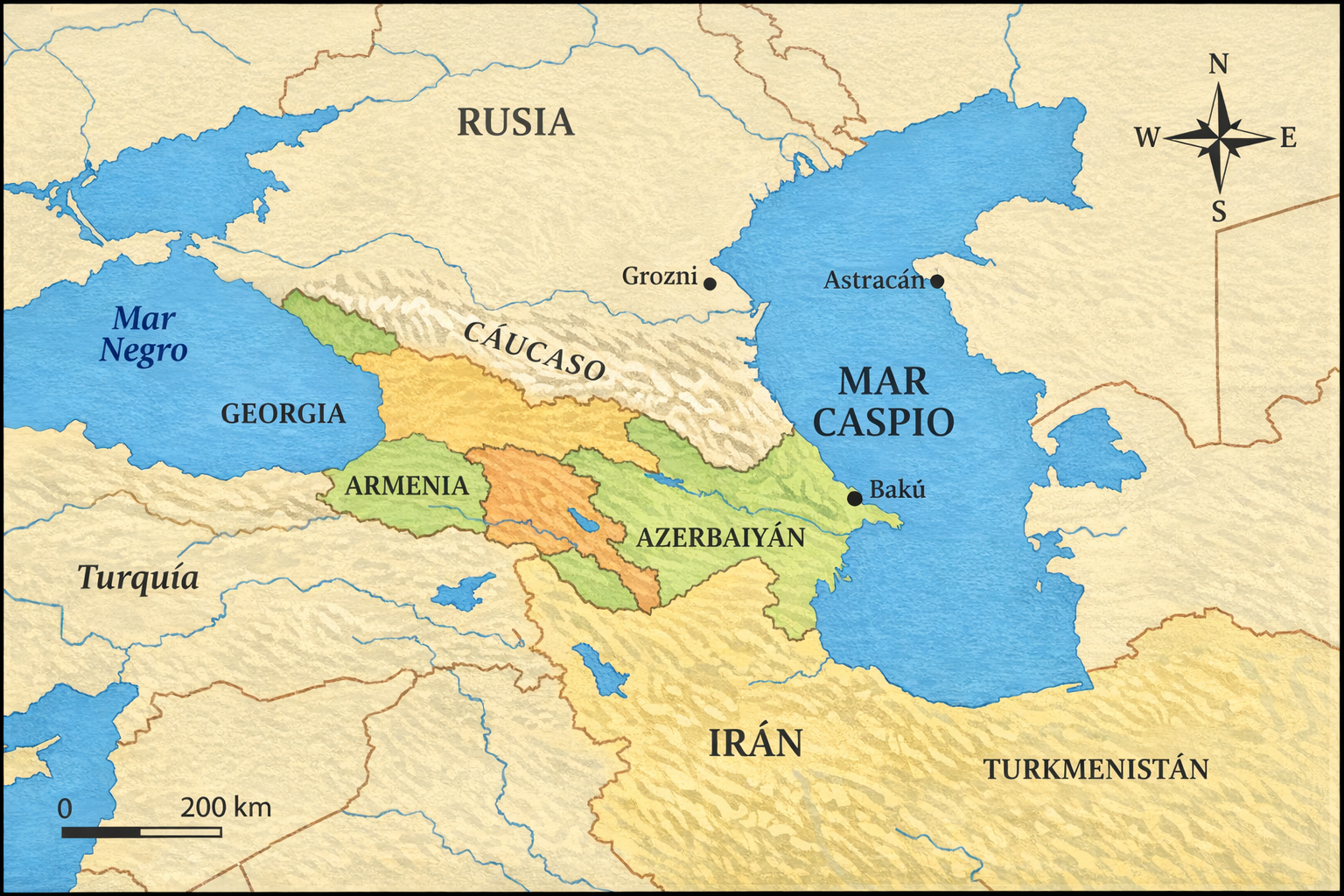 Mapa del Mar Caspio y el Cáucaso mostrando Rusia, Georgia, Armenia, Azerbaiyán, Irán y Turkmenistán, con relieve, mares y ciudades clave como Bakú y Grozni en estilo cartográfico limpio.