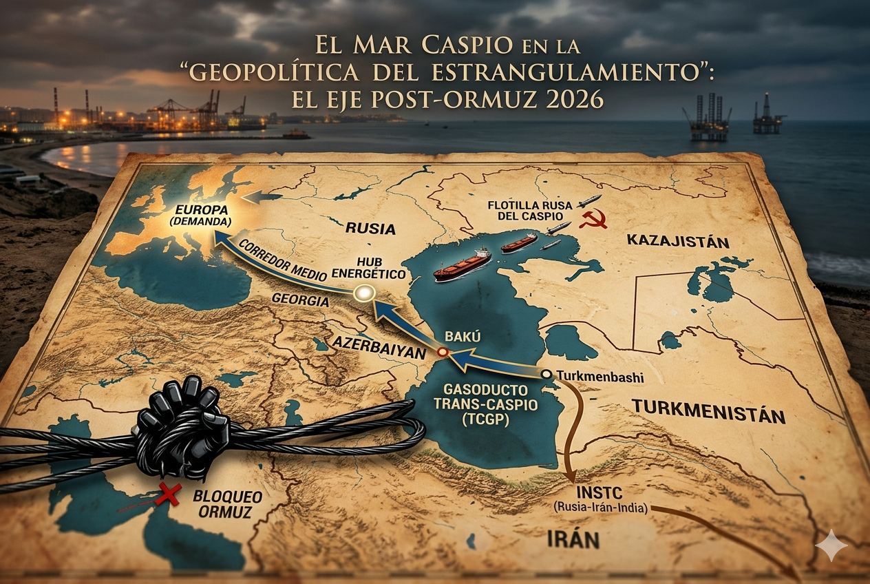 Mapa estratégico del Mar Caspio 2026. Muestra el bloqueo en Ormuz, la ruta del gasoducto TCGP hacia Europa, el Corredor Medio y la Flotilla Rusa, ilustrando la tensión energética en Eurasia.