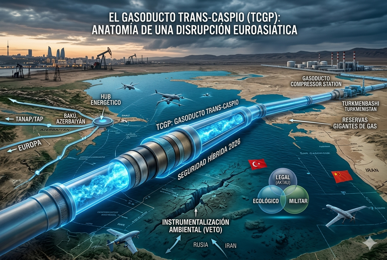 Infografía del gasoducto TCGP en el Caspio. Muestra la tubería submarina con drones de seguridad híbrida, el 