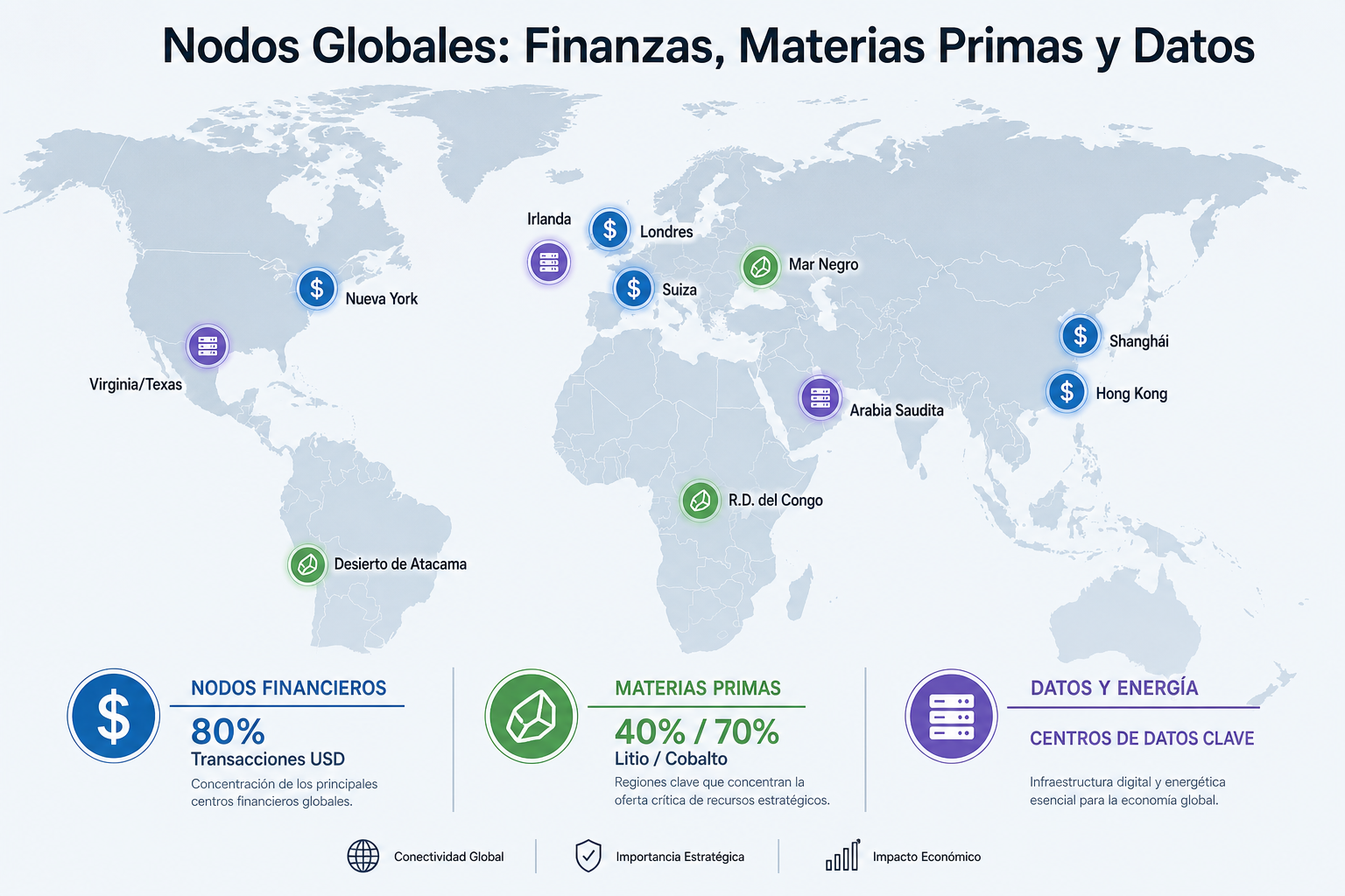 Mapa mundial de nodos estratégicos: Finanzas (80% USD), Materias Primas (Litio y Cobalto) y Centros de Datos. Diseño limpio con iconos y marcadores geográficos en tonos azules y verdes.