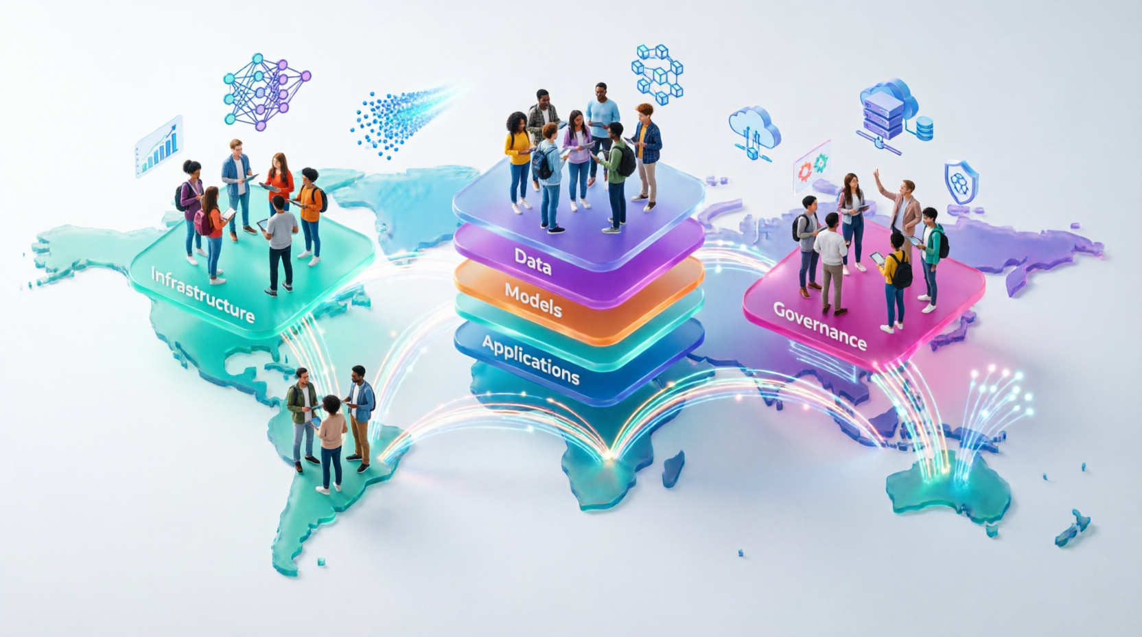 Estudiantes diversos en 5 capas de IA sobre mapa mundial: infraestructura, datos, modelos, aplicaciones, gobernanza. Conexiones globales. Soberanía tecnológica colaborativa.