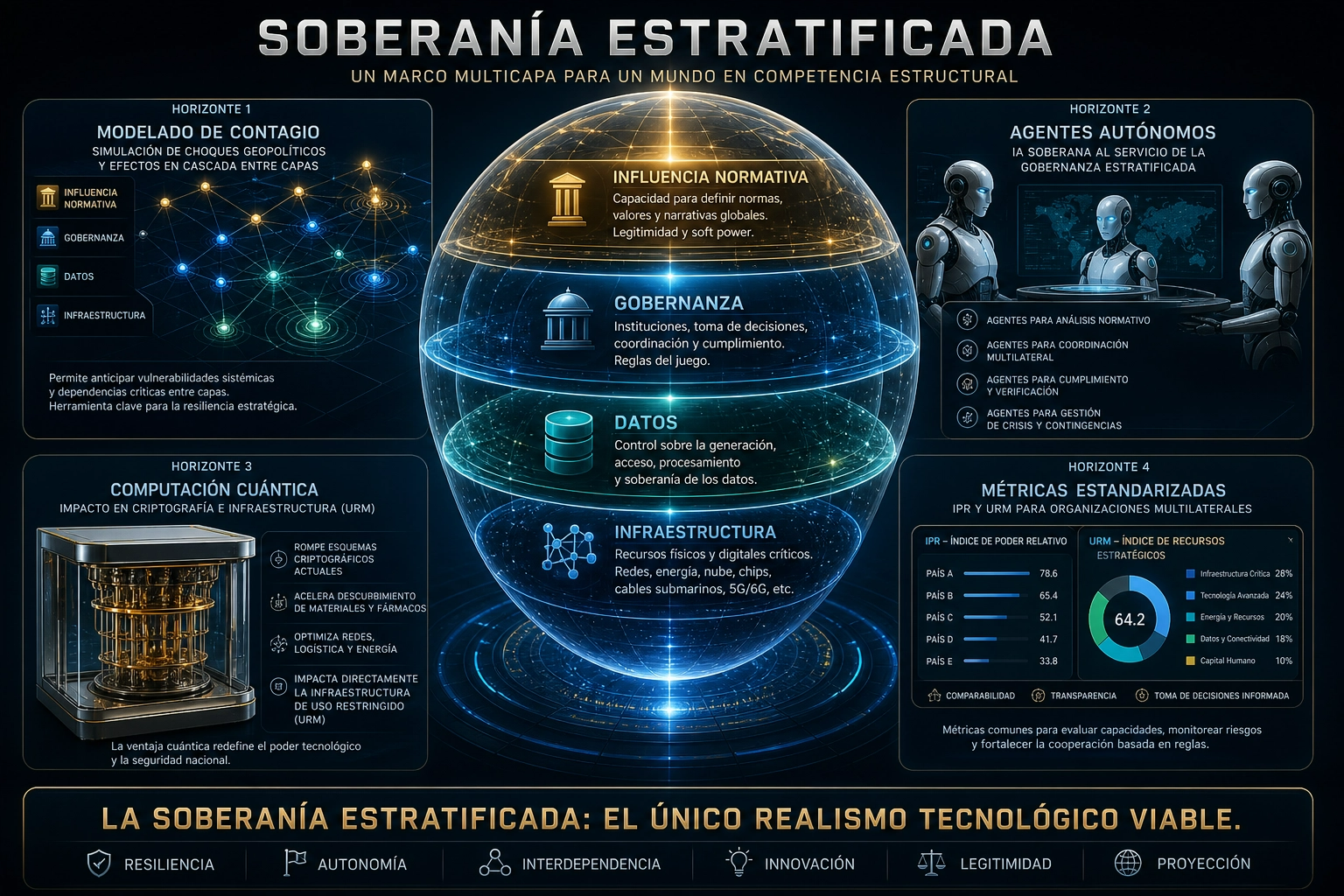 Infografía 3:2 de Soberanía Estratificada: esfera central con capas de infraestructura y datos, rodeada de paneles sobre IA, cuántica y métricas. Concluye como el único realismo tecnológico viable.