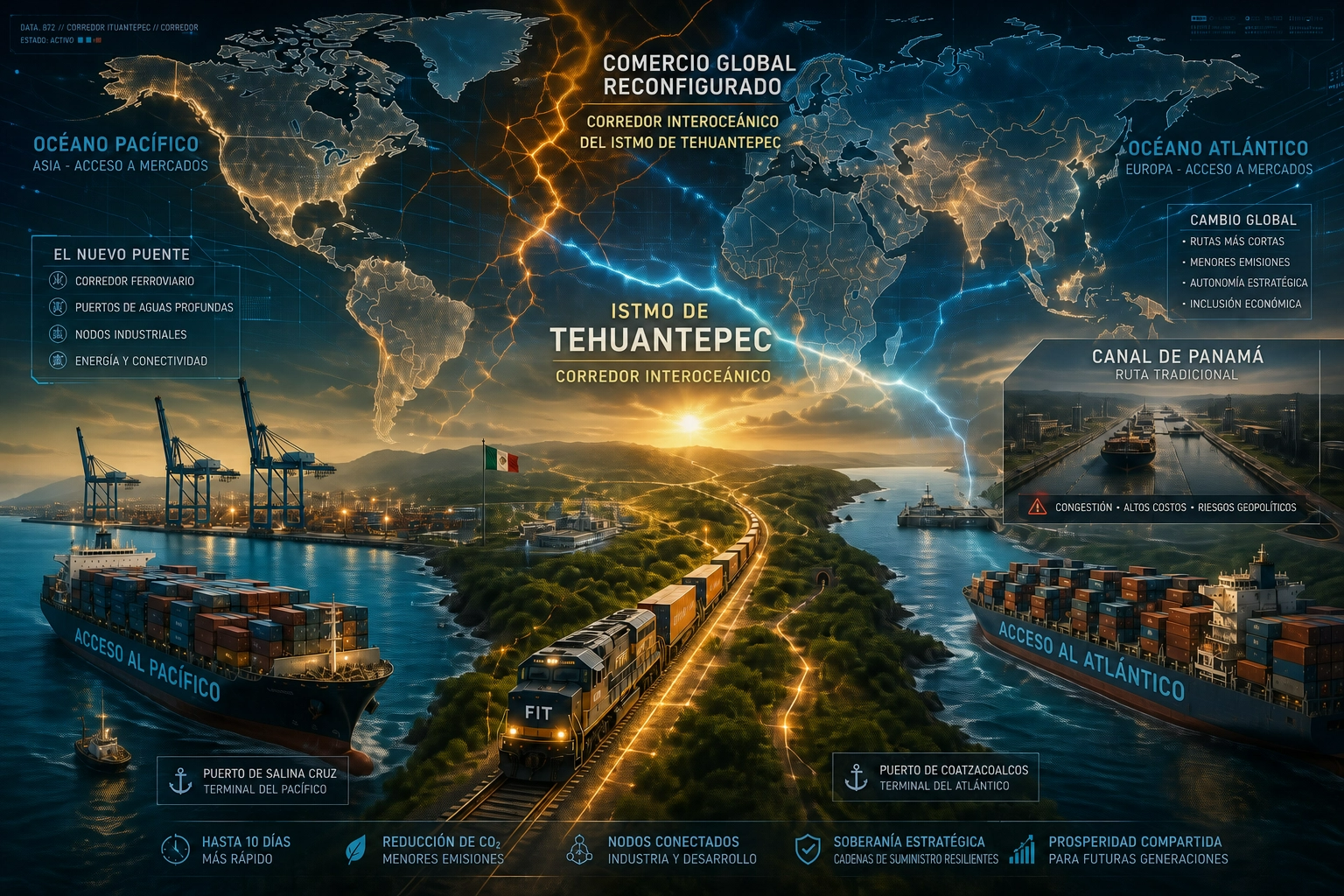 Imagen conceptual del Corredor Interoceánico de Tehuantepec: un tren y barcos conectan los océanos Pacífico y Atlántico bajo un mapa global digital, como alternativa estratégica al Canal de Panamá.
