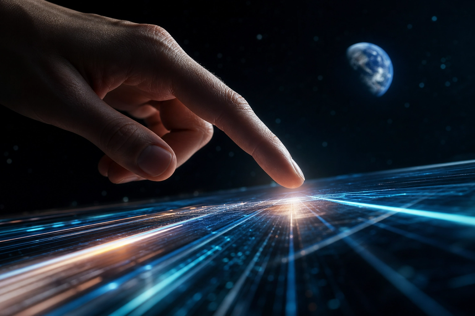 Mano humana pausada sobre interfaz digital rápida, con la Tierra frágil en el cosmos. Simboliza la decisión humana frente a la velocidad tecnológica, la importancia de la reflexión y la protección de nuestro planeta.