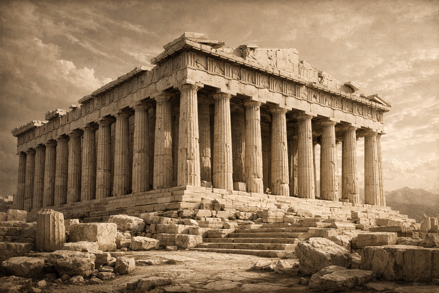 El Partenón de Atenas se alza majestuoso en mármol sepia, símbolo estoico de orden y razón. Sus columnas dóricas reflejan la armonía eterna y la trascendencia del espíritu humano.