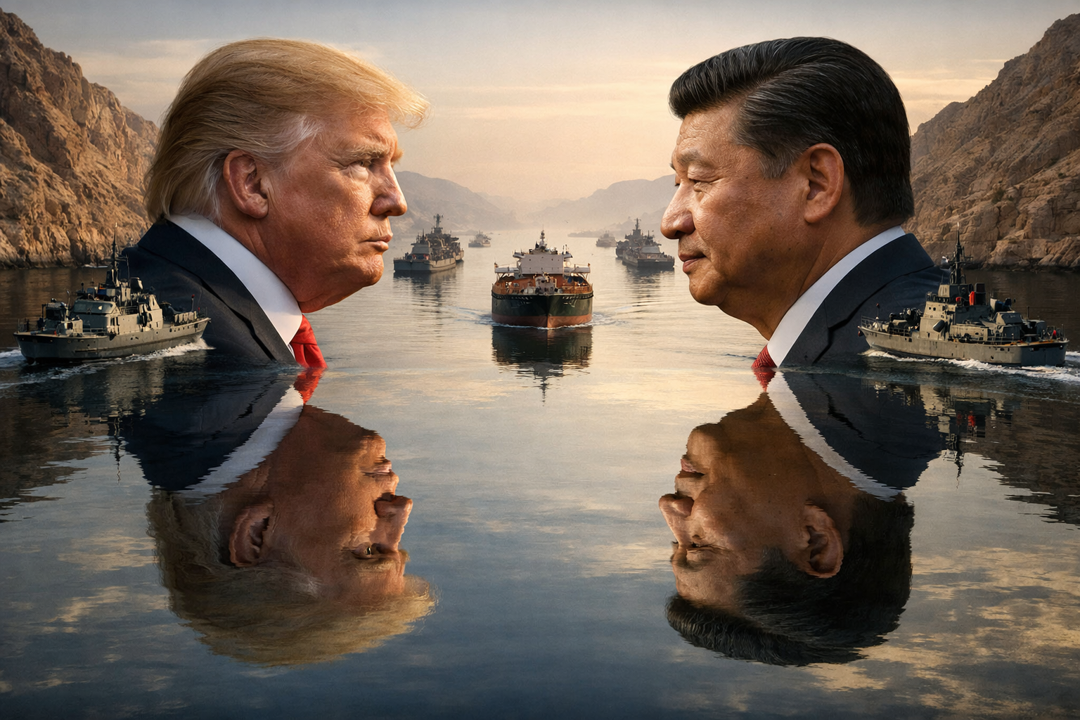 Reflejo geopolítico entre Trump y Xi frente al Estrecho de Ormuz, donde el poder y la paciencia se enfrentan sobre aguas doradas que sostienen el pulso energético del mundo.