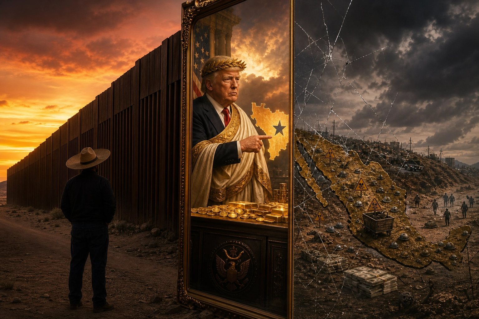 Espejo en el muro fronterizo: Trump como emperador romano señala Venezuela entre oro, mientras México se refleja como un campo minado bajo un cristal agrietado en un dramático atardecer desértico.