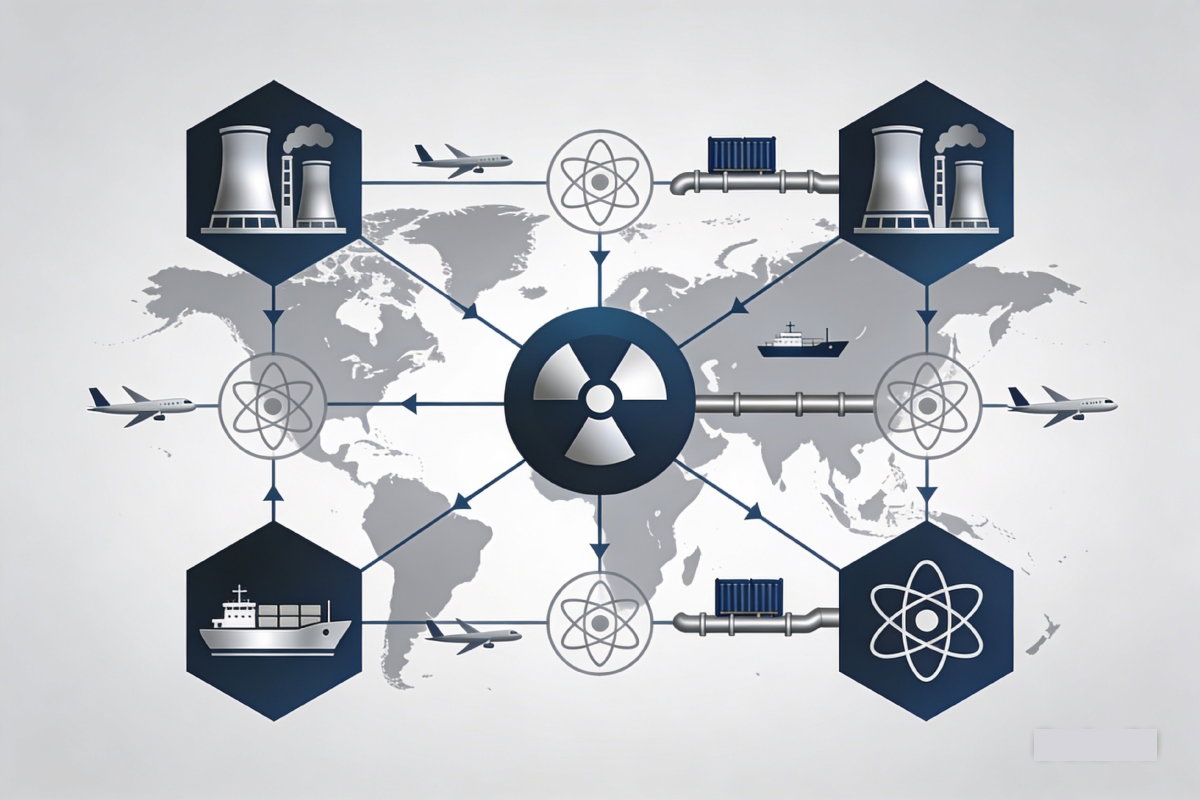 Esta ilustración vectorial en tono serio muestra la red global de la energía nuclear como eje geopolítico. Muestra centrales nucleares interconectadas por rutas de transporte aéreas y marítimas, representando la difusión de la tecnología y el comercio regional como herramienta de poder energético.