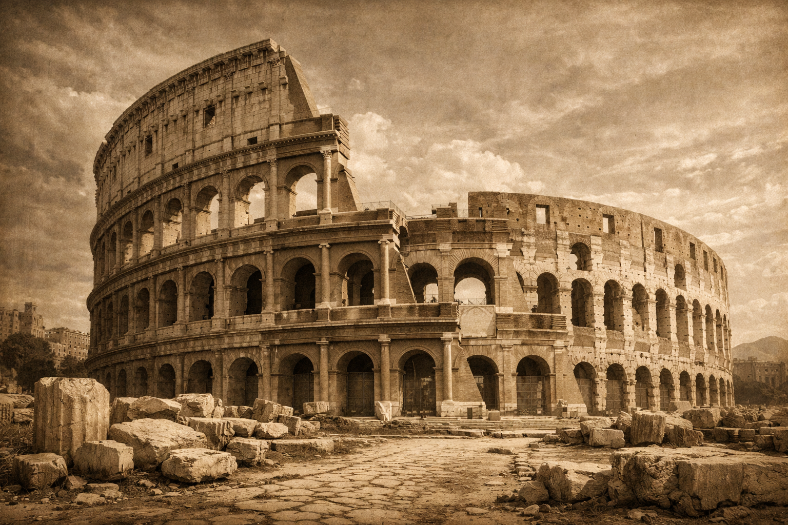 El Coliseo romano se alza majestuoso en mármol sepia, símbolo de fuerza imperial y disciplina estoica. Sus arcos eternos reflejan poder, resistencia y la aceptación del destino.