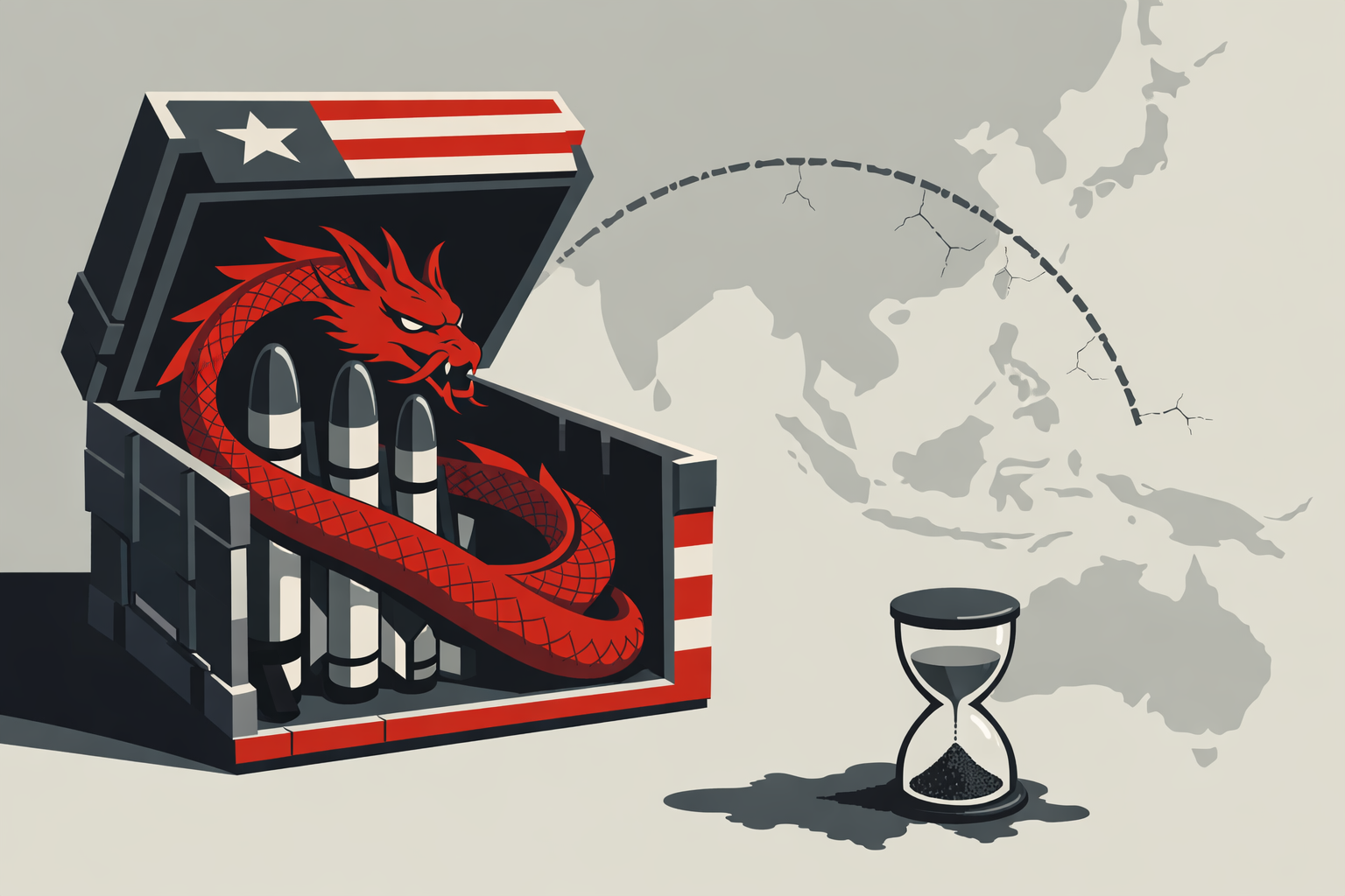 Ilustración editorial minimalista: un silo estadounidense medio vacío con misiles Tomahawk, envuelto por un dragón rojo; al fondo, mapa Indo‑Pacífico y reloj de arena con arena formando China.