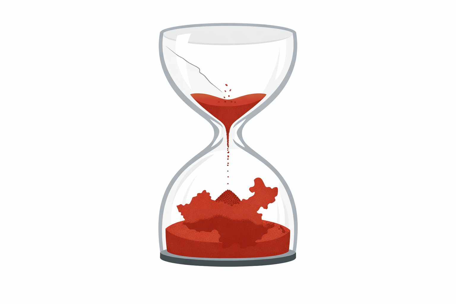 Ilustración conceptual de un reloj de arena minimalista. La cámara superior casi vacía deja caer granos, mientras la inferior acumula arena formando la silueta de China, con una grieta en el vidrio.