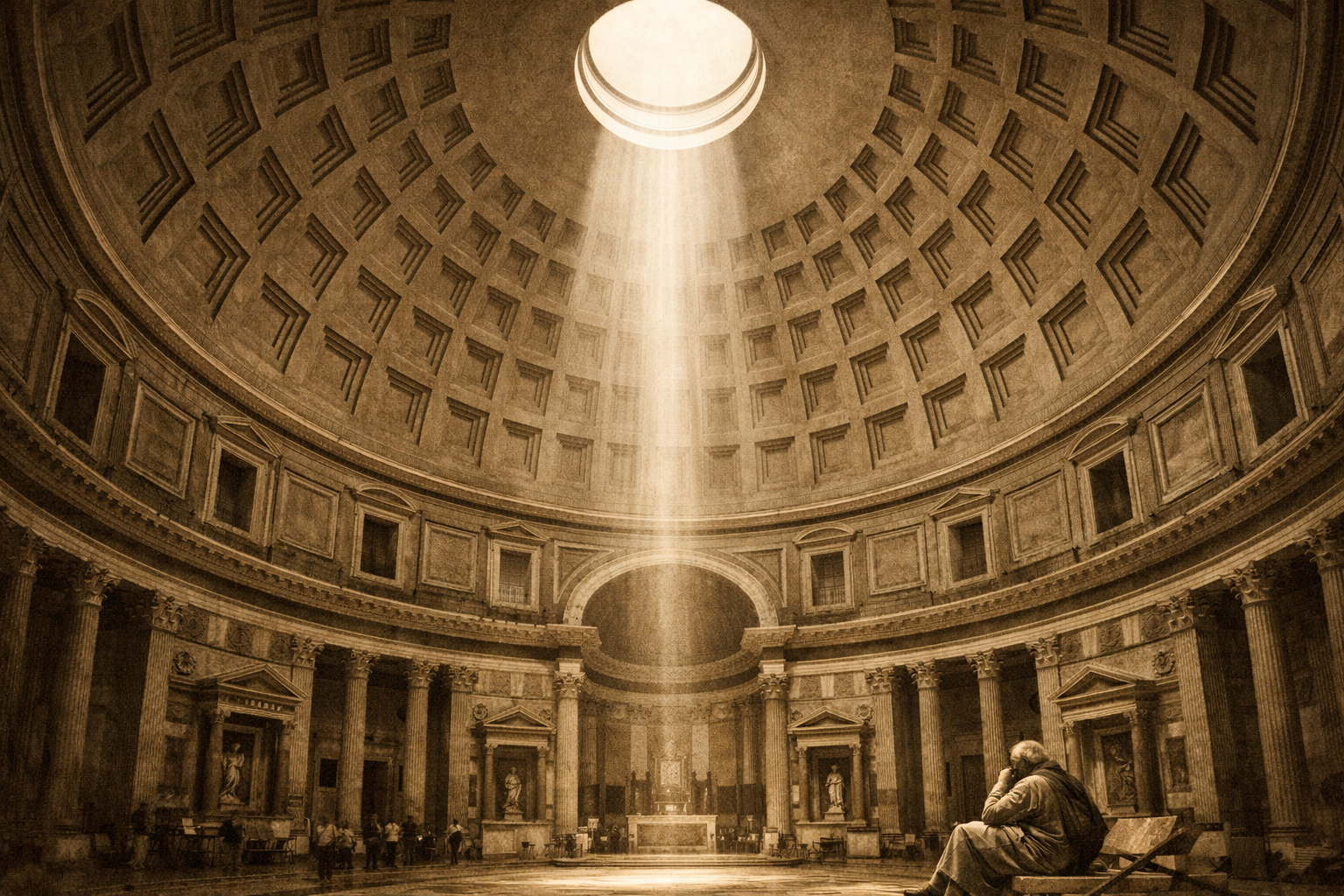 Interior del Panteón de Roma en mármol sepia, con luz cenital que entra por el óculo y baña el suelo, símbolo de conexión entre cosmos y espíritu humano en armonía estoica y proporción divina.