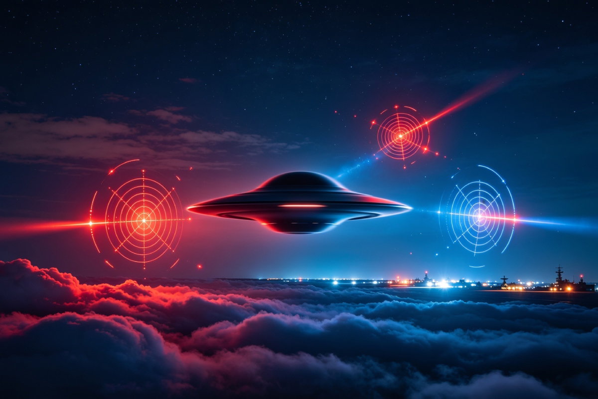 Imagen de un platillo volador por la noche, emitiendo rayos de luces rojas y azules sobre las nubes.