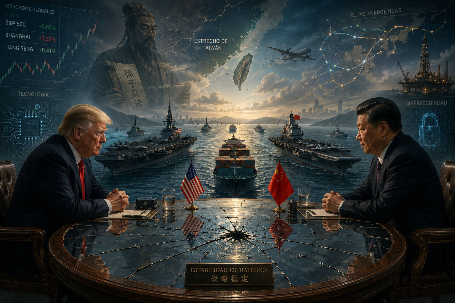 Los presidentes Donald Trump y Xi Jinping sentados frente a frente en una mesa redonda cubierta con un espejo rompiéndose. En el centro el Estrecho de Ormuz, como discordia, navíos y como fondo gráficos financieros y Sun Tzu.